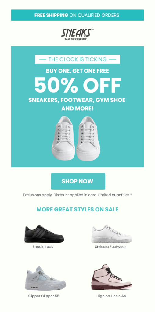 A sales page from a shoe store offering free shipping and a discount