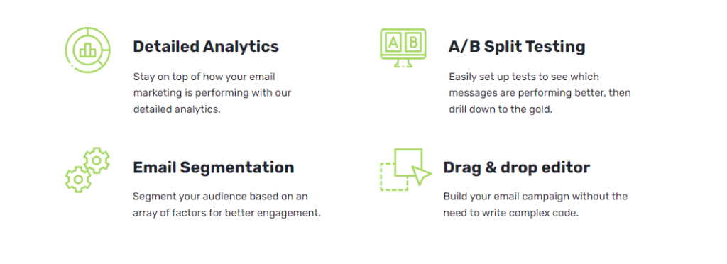 An overview of some of Mailvio's main features (Detailed Analytics, A/B Split Testing, Email Segmentation, Drag & Drop editor)