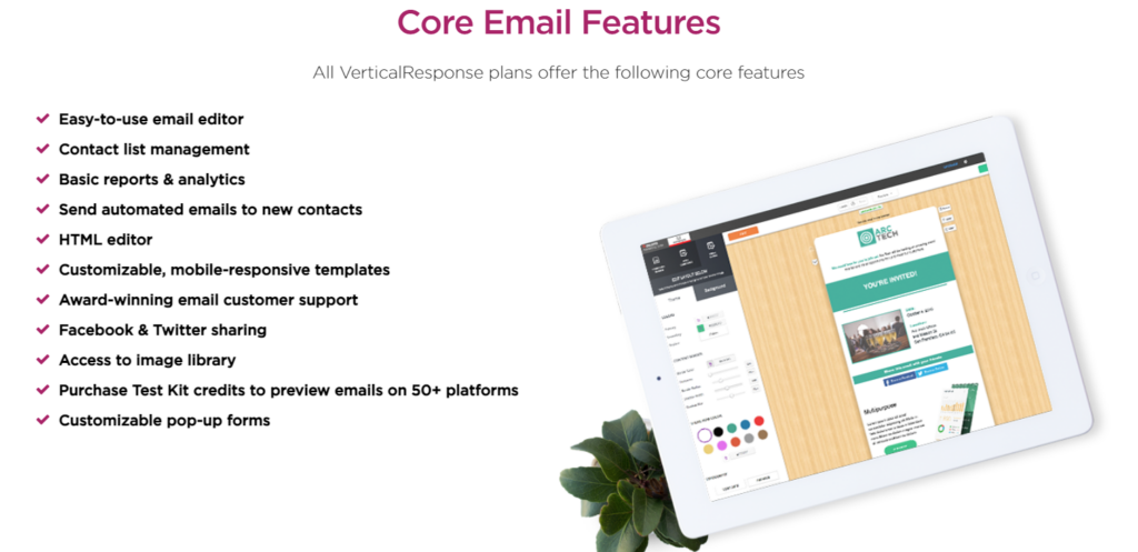 A webpage listing VerticalResponse's core email features 