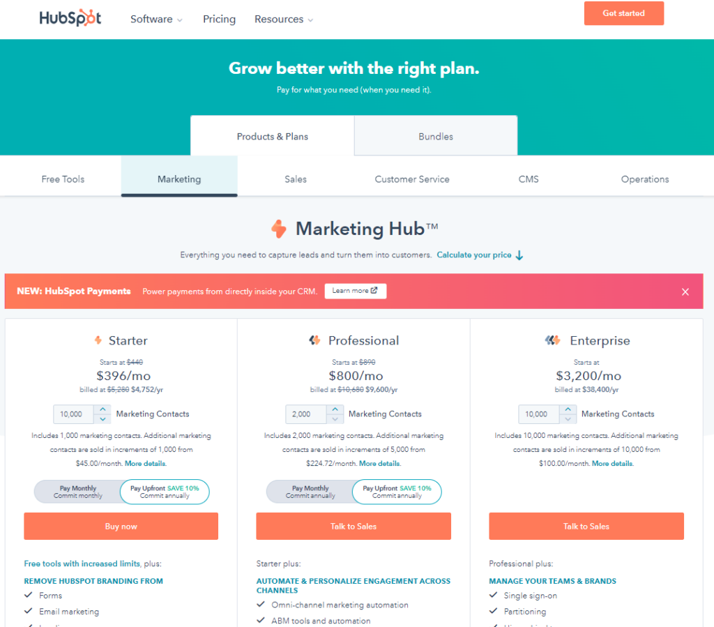 Hubspot Pricing plan