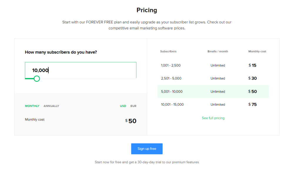 MailerLite Pricing plan