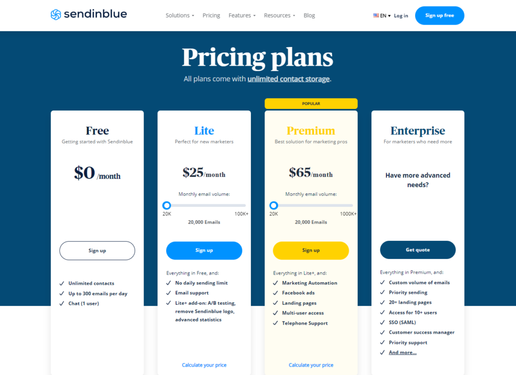 Sendinblue pricing plan