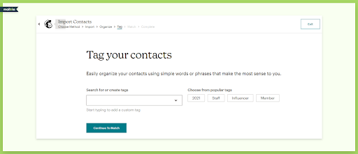 Mailchimp interface displaying the tag field